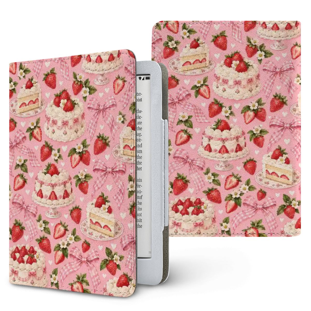 Strawberry Cake Kindle case — strawberry cream cakes, strawberries and pink gingham bows on pink, printed front and back