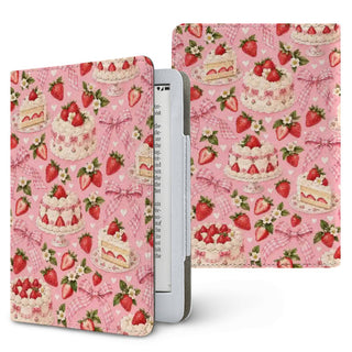 Strawberry Cake Kindle case — strawberry cream cakes, strawberries and pink gingham bows on pink, printed front and back