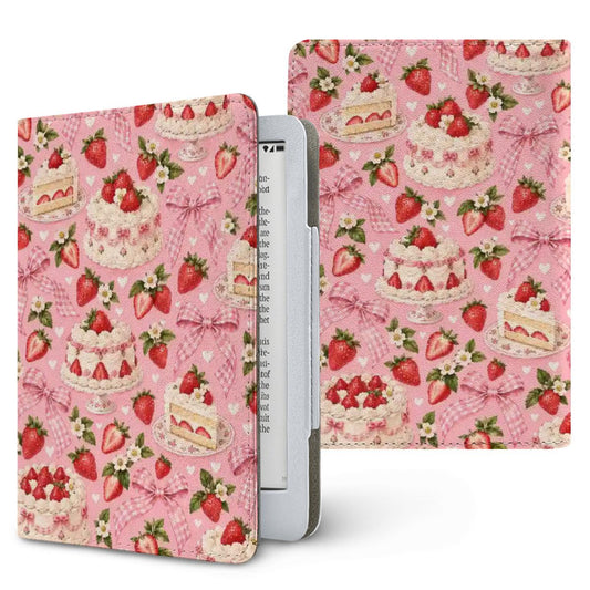Strawberry Cake Kindle case — strawberry cream cakes, strawberries and pink gingham bows on pink, printed front and back
