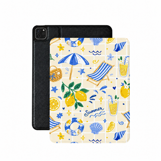 Summer seaside iPad case in cream vegan leather — parasols, lemonade and shells