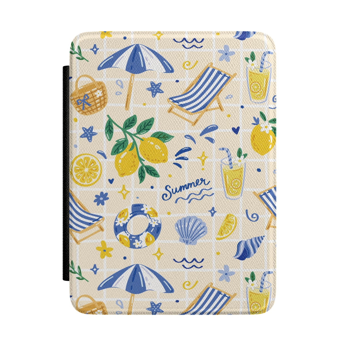 Cream Kindle Paperwhite case with illustrated parasols, lemonade and shells front cover — Atelier summer seaside gift