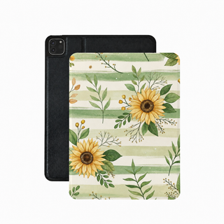 Sunflower stripe iPad case in sage vegan leather — striped floral folio