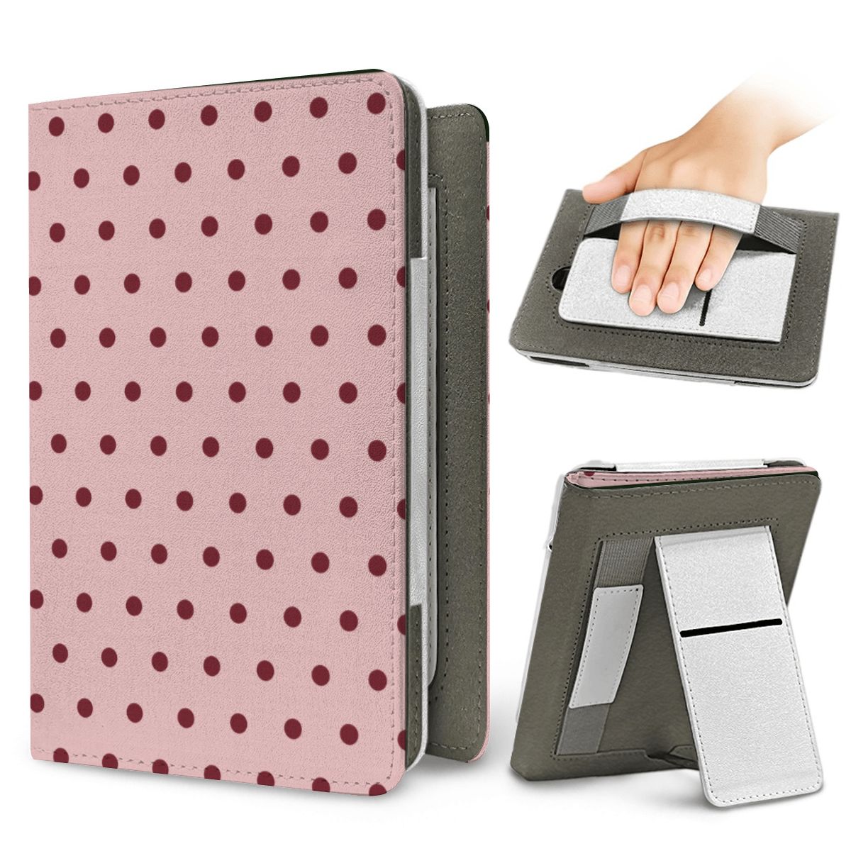 Dusty Rose Polka Dot Kindle case — elastic hand strap and fold-out stand on the back