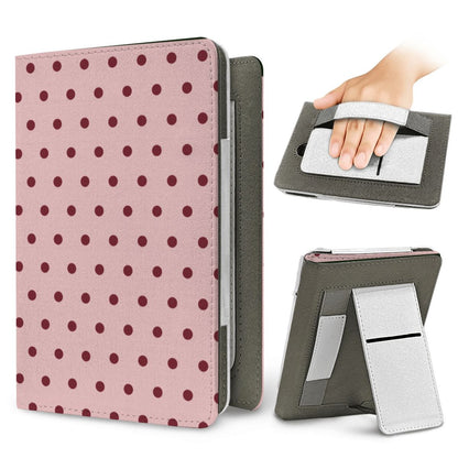 Dusty Rose Polka Dot Kindle case — elastic hand strap and fold-out stand on the back
