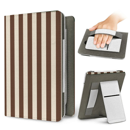 Mocha Cream Stripe Kindle case — elastic hand strap and fold-out stand on the back