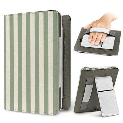 Sage Cream Stripe Kindle case — elastic hand strap and fold-out stand on the back