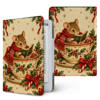 Teacup Mouse Kindle case — tiny mouse in a red scarf reading a book inside a holly teacup, printed front and back