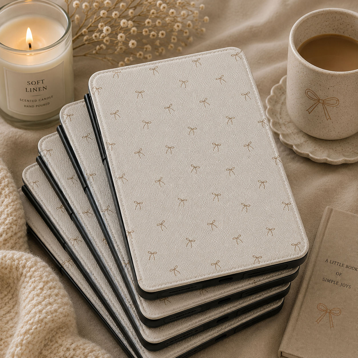 Taupe Bows Kindle case shown at an angle