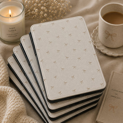 Taupe Bows Kindle case shown at an angle