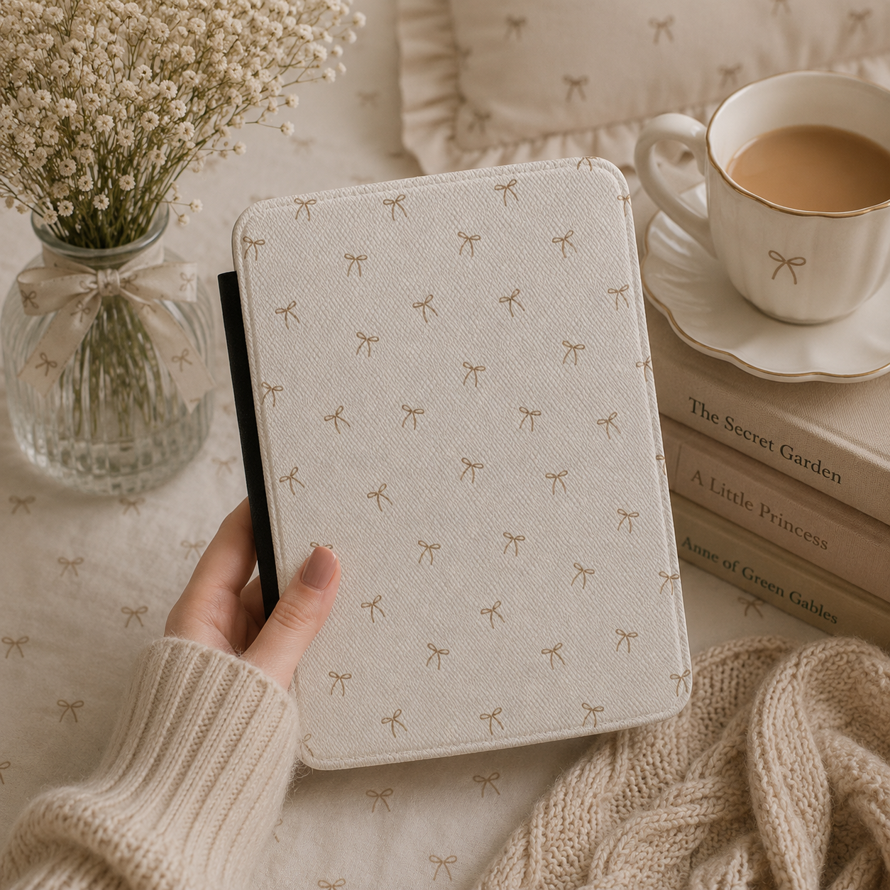Close-up of Taupe Bows Saffiano Kindle case