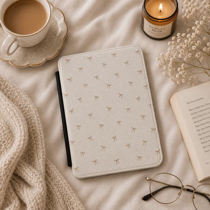 Taupe Bows Kindle case front cover — taupe bows print
