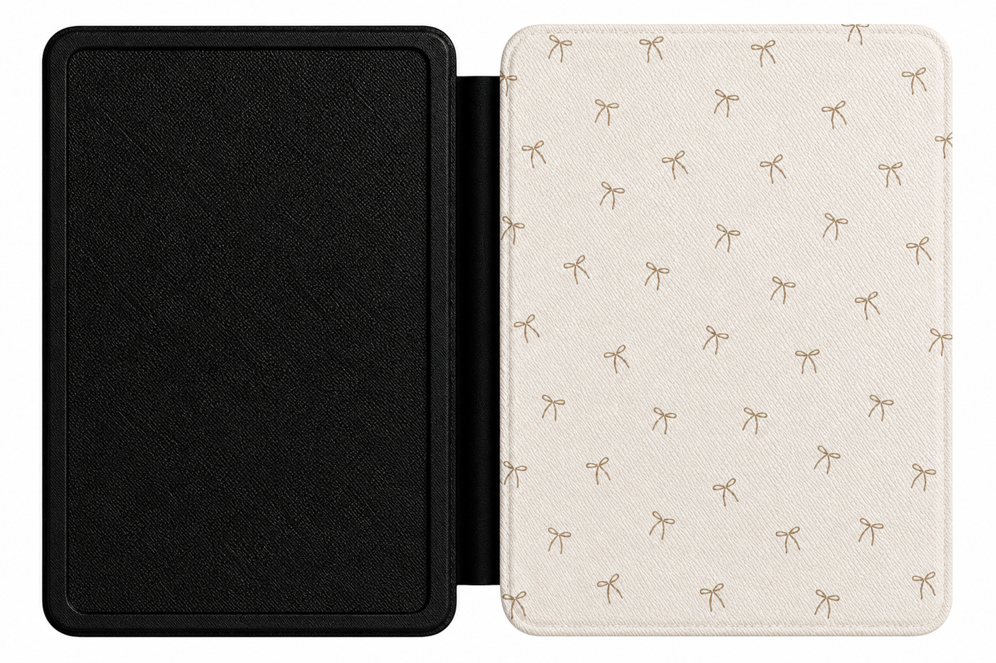 Taupe Bows Kindle case open showing e-ink Kindle on right interior panel