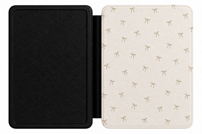Taupe Bows Kindle case open showing e-ink Kindle on right interior panel