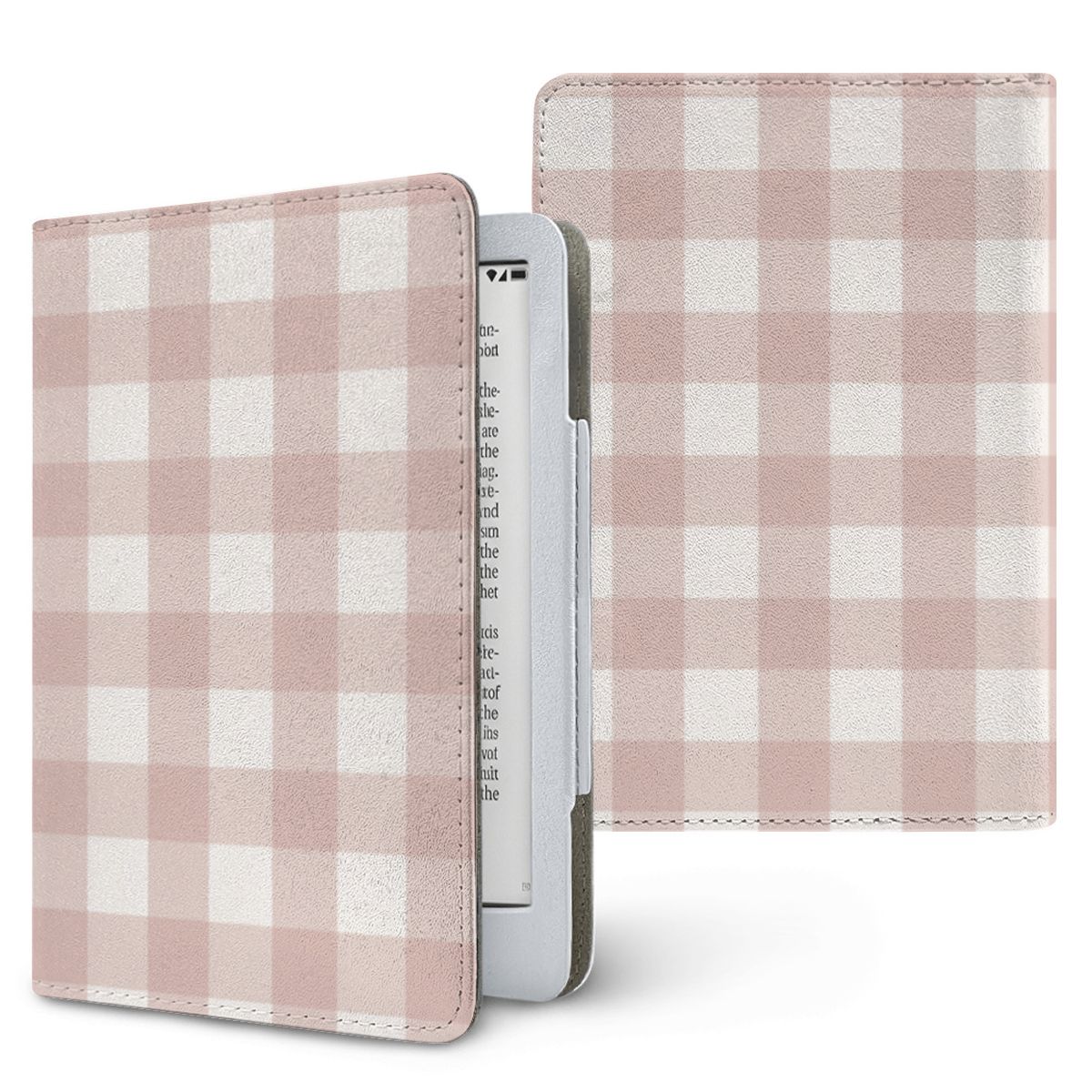 Taupe Gingham Kindle case, printed front and back, fits Kindle Paperwhite 6.8 and 7 inch and Colorsoft