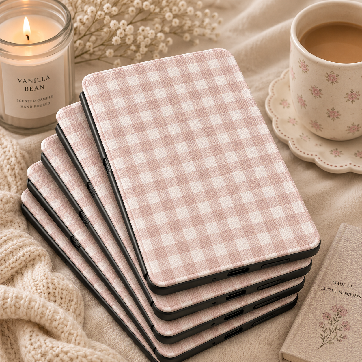 Taupe Gingham Kindle case shown at an angle