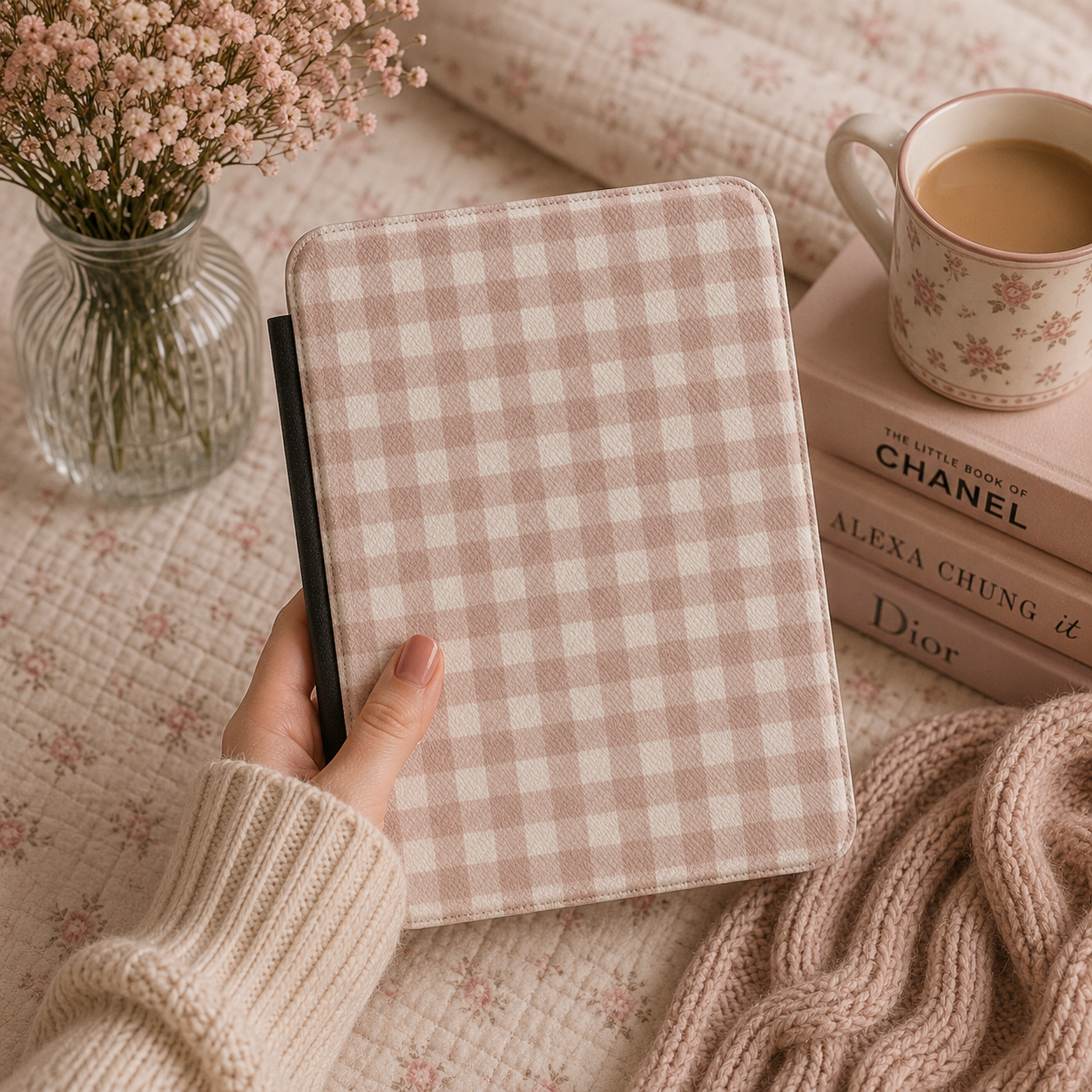 Close-up of Taupe Gingham Saffiano Kindle case