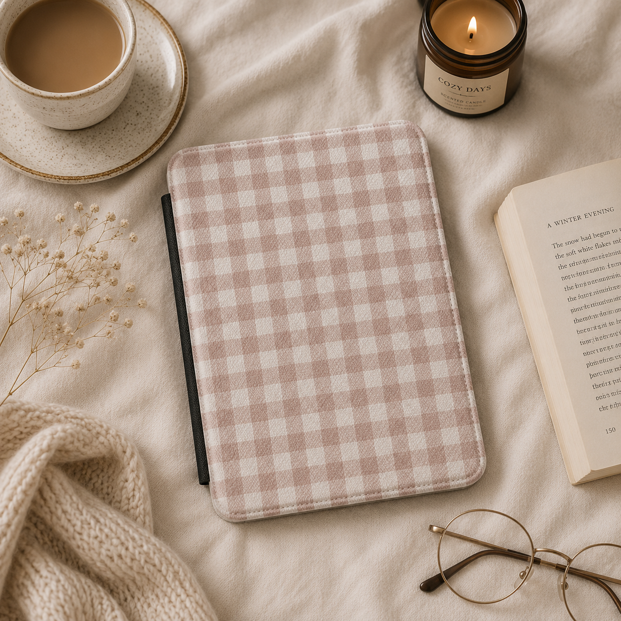 Taupe Gingham Kindle case front cover — taupe and cream gingham check print