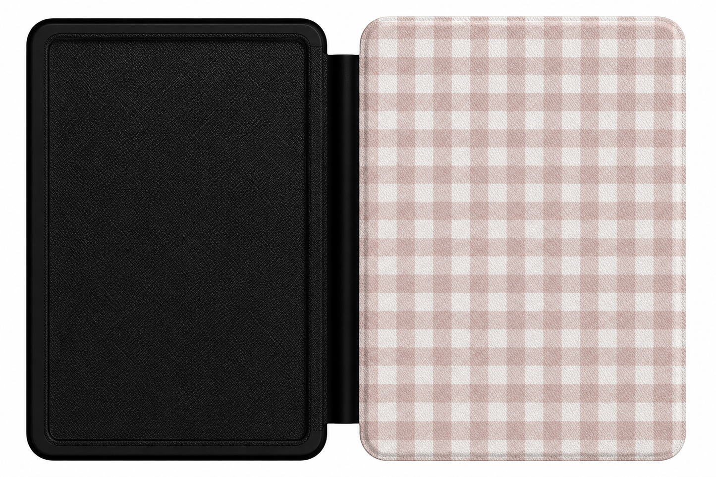 Taupe Gingham Kindle case open showing e-ink Kindle on right interior panel