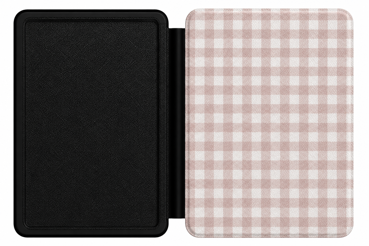 Taupe Gingham Kindle case open showing e-ink Kindle on right interior panel