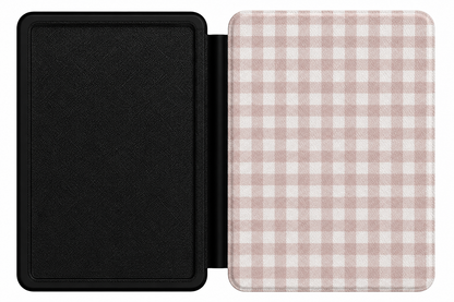 Taupe Gingham Kindle case open showing e-ink Kindle on right interior panel