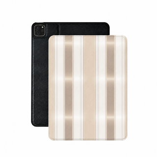Taupe ticking stripe iPad case in neutral vegan Saffiano leather
