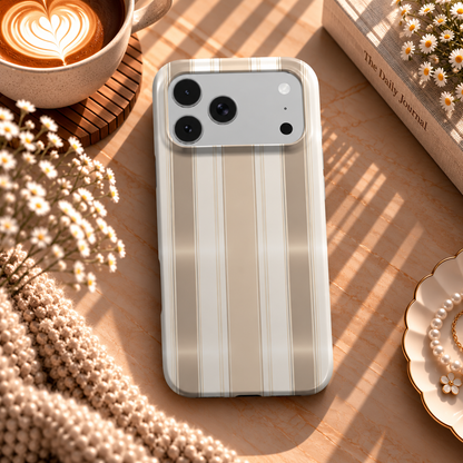 Taupe Ticking Stripe phone case – MagSafe iPhone case, lifestyle photo