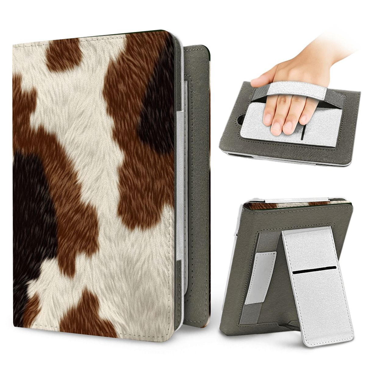 Brown Cowhide Kindle case — elastic hand strap and fold-out stand on the back