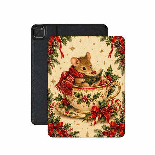 Teacup Mouse iPad case — tiny mouse in a red scarf reading a book inside a holly teacup, printed front cover over the plain black back