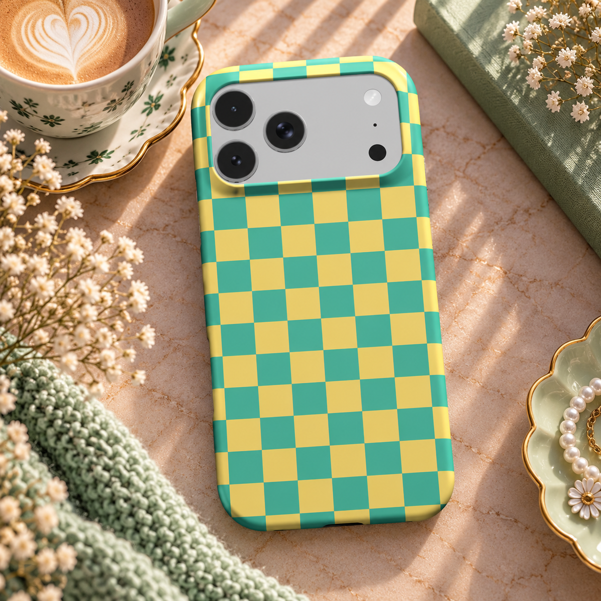 Teal & Yellow Check phone case – MagSafe iPhone case, lifestyle photo