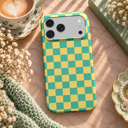 Teal & Yellow Check phone case – MagSafe iPhone case, lifestyle photo