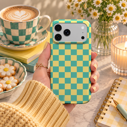 Teal & Yellow Check phone case – MagSafe iPhone case, styled photo