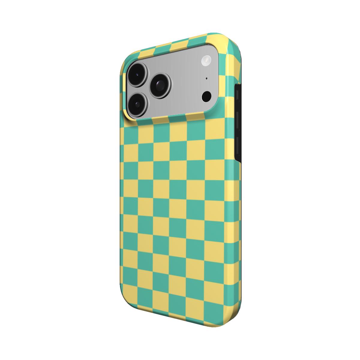 Teal & Yellow Check phone case – MagSafe iPhone case, detail view