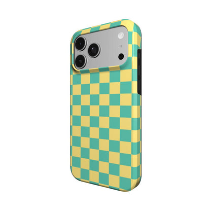 Teal & Yellow Check phone case – MagSafe iPhone case, detail view