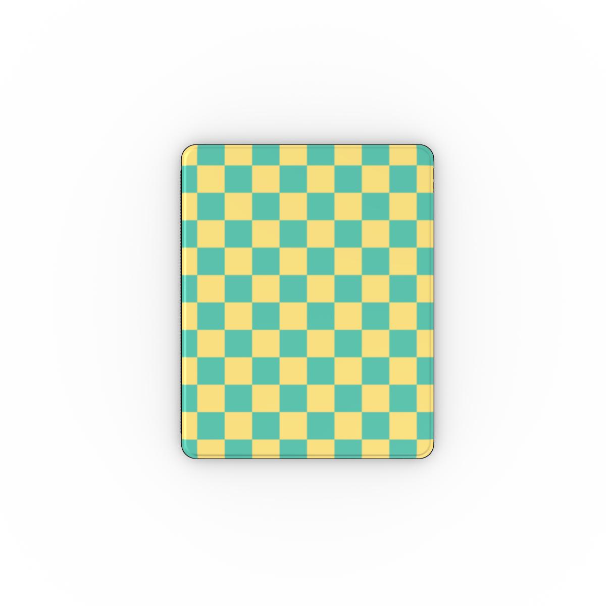 Teal and yellow checkerboard iPad case open, showing the stand fold and interior