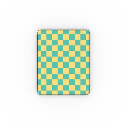 Teal and yellow checkerboard iPad case open, showing the stand fold and interior