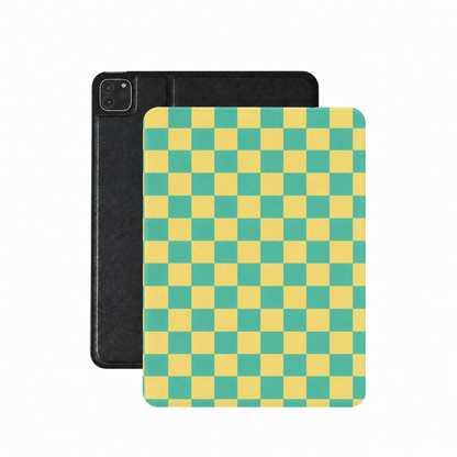 Teal and yellow checkerboard iPad case in vegan Saffiano leather