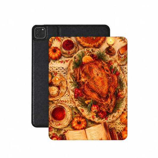 Thanksgiving Table iPad case — top-down Thanksgiving feast with turkey, pie and candles, printed front cover over the plain black back