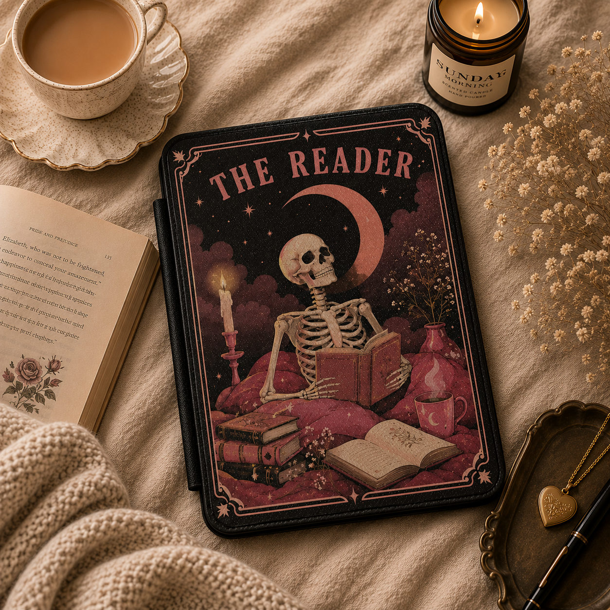 Close-up of The Reader Tarot Saffiano Kindle case