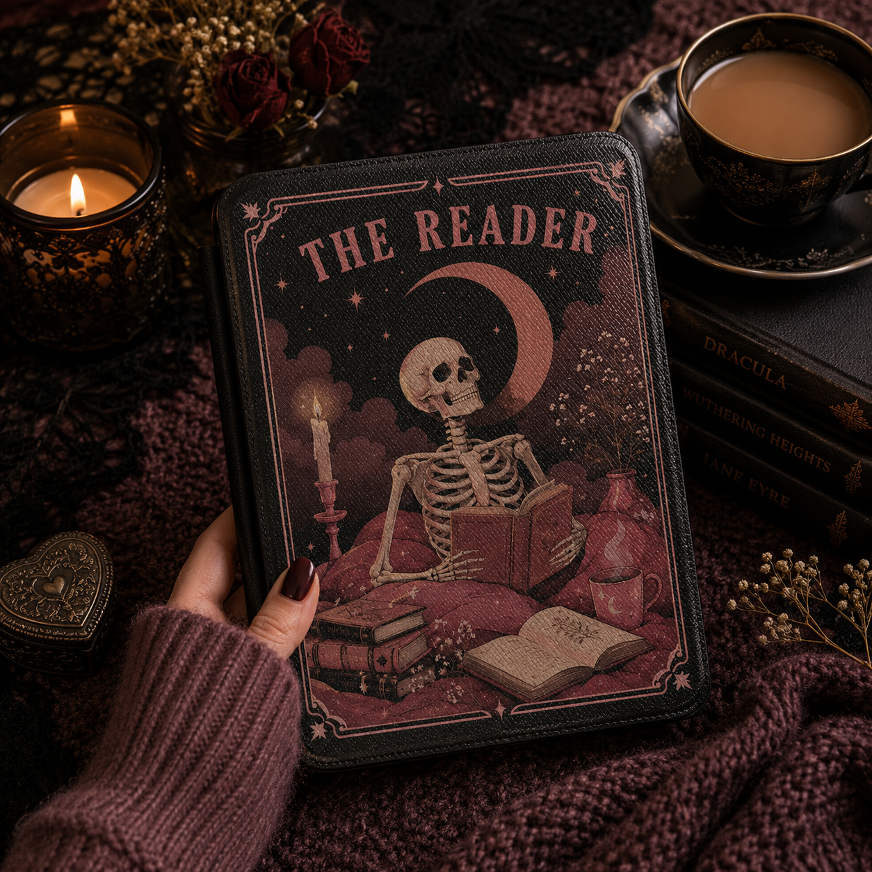 The Reader Tarot Kindle case front cover — tarot-style reader print