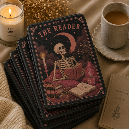 The Reader Tarot Kindle case open showing e-ink Kindle on right interior panel