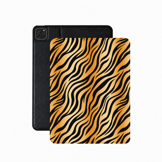 Tiger stripe iPad case in amber and black vegan Saffiano leather
