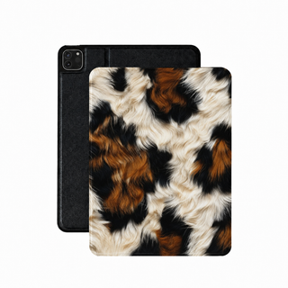 Tricolor cowhide iPad case in black, rust and cream vegan Saffiano leather — cow print folio