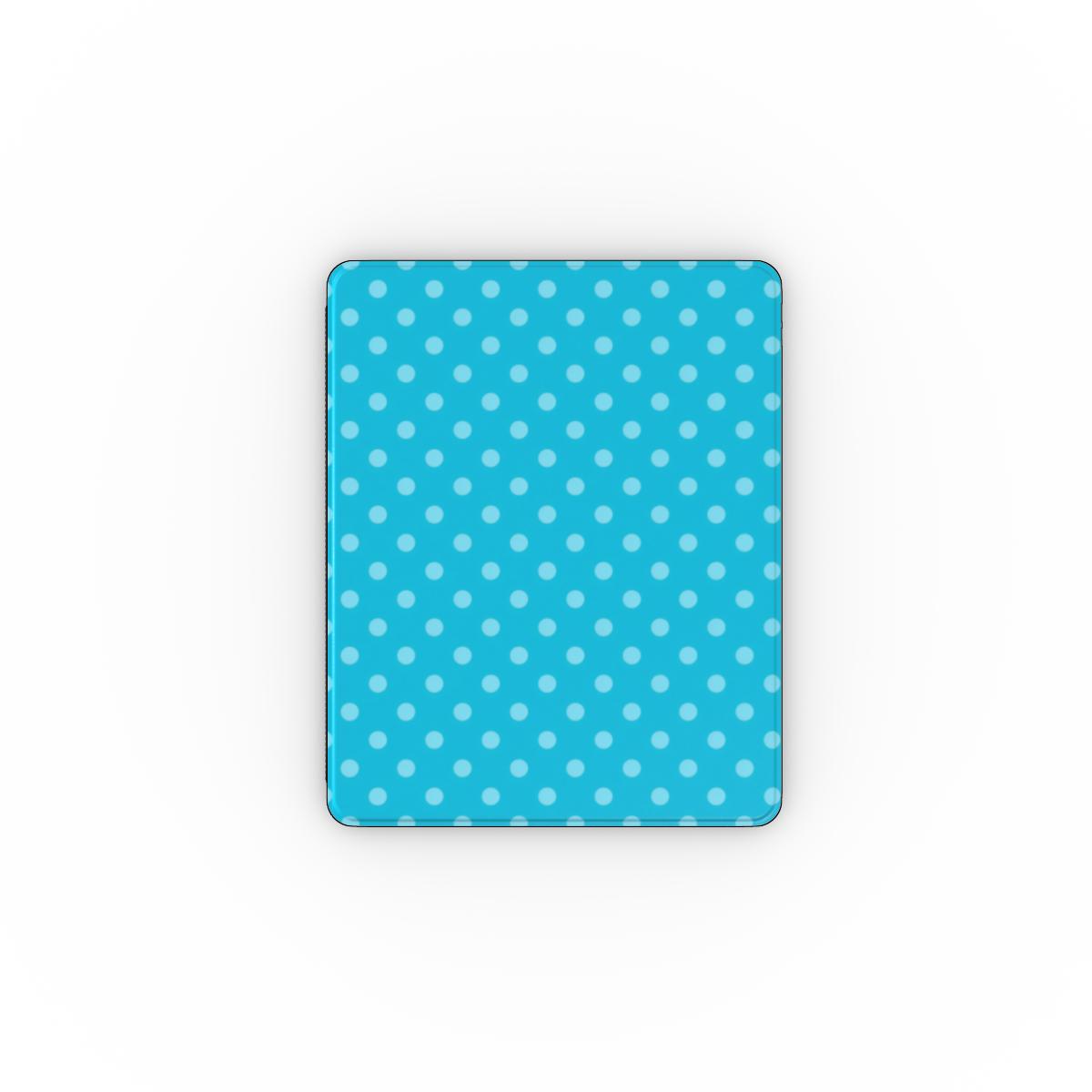 Turquoise polka dot iPad case open, showing the stand fold and interior