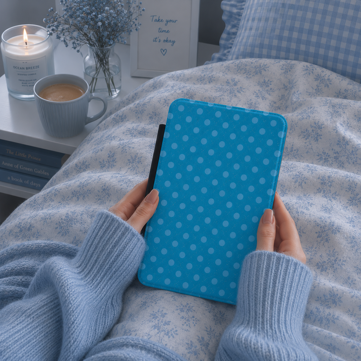 Turquoise polka dot Kindle case front cover close-up — Quiet Bookish retro blue