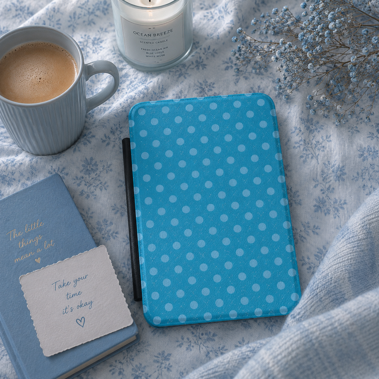 Turquoise polka dot Kindle case with elastic hand strap — Quiet Bookish retro blue print