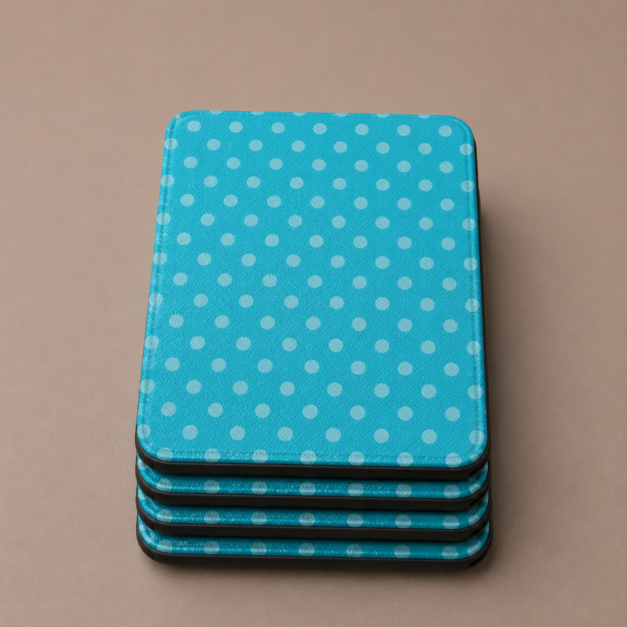 Turquoise polka dot Kindle cases stacked — Quiet Bookish retro blue print
