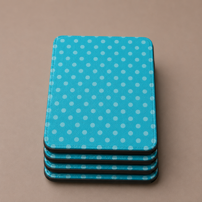 Turquoise polka dot Kindle cases stacked — Quiet Bookish retro blue print