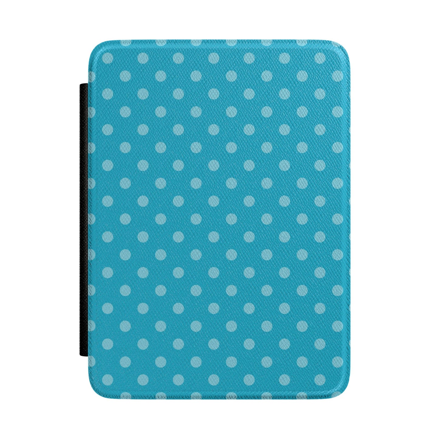Bright turquoise Kindle Paperwhite case with pale blue polka dots front cover — Quiet Bookish retro gift