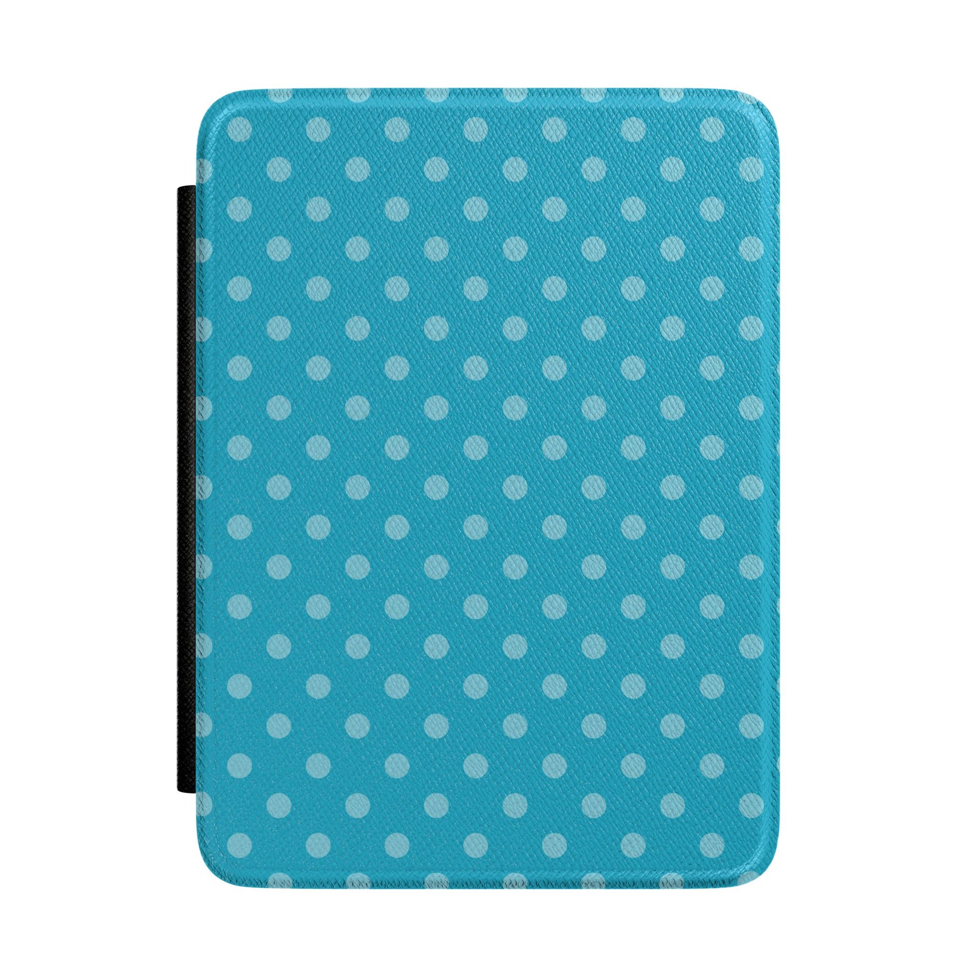 Bright turquoise Kindle Paperwhite case with pale blue polka dots front cover — Quiet Bookish retro gift