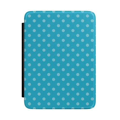 Bright turquoise Kindle Paperwhite case with pale blue polka dots front cover — Quiet Bookish retro gift